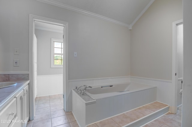 115 Breckenridge Loop, Lafayette, LA 70506 - full bathroom featuring crown molding, a garden tub, vanity, wainscoting, and tile patterned floors