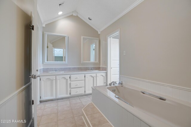 115 Breckenridge Loop, Lafayette, LA 70506 - full bathroom with crown molding, a bath, double vanity, lofted ceiling, and tile patterned flooring