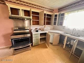 1627 Daniel St, Abbeville, LA 70510 - kitchen with ventilation hood, dishwasher, stainless steel range with electric stovetop, and open shelves