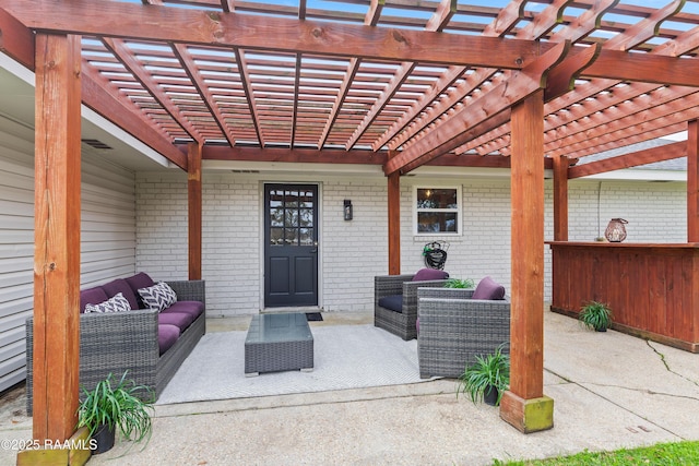 809 Dartez Dr, New Iberia, LA 70563 - doorway to property with an outdoor hangout area, brick siding, a patio area, and a pergola
