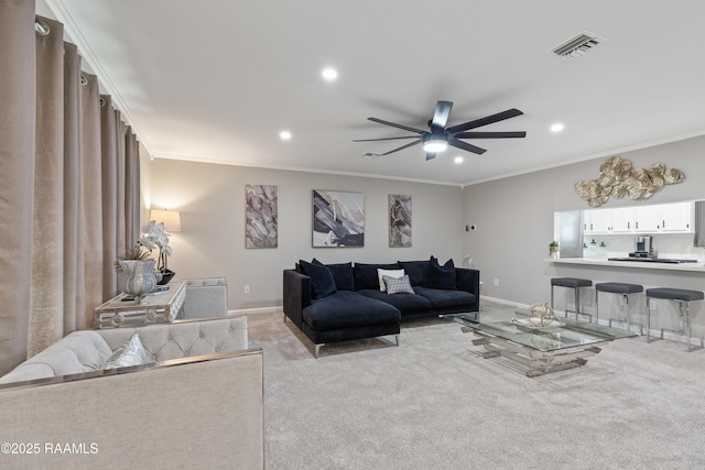 809 Dartez Dr, New Iberia, LA 70563 - living room with recessed lighting, carpet, a ceiling fan, and ornamental molding