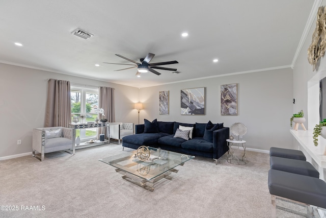 809 Dartez Dr, New Iberia, LA 70563 - carpeted living room featuring ornamental molding, ceiling fan, and recessed lighting
