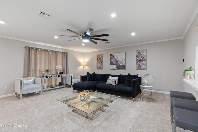 809 Dartez Dr, New Iberia, LA 70563 - living room featuring carpet floors, ornamental molding, ceiling fan, and recessed lighting