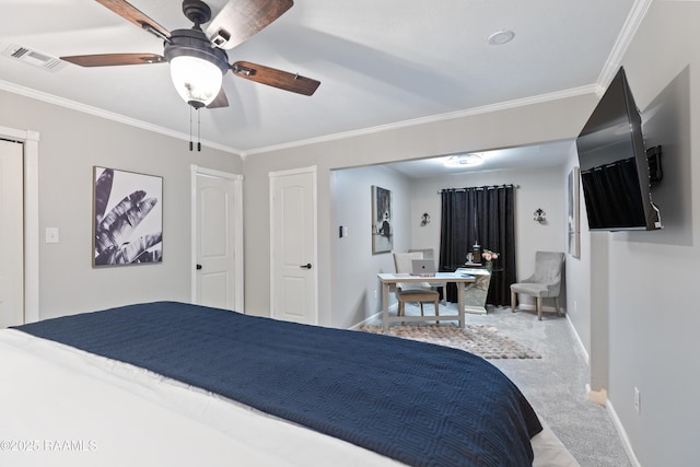 809 Dartez Dr, New Iberia, LA 70563 - carpeted bedroom featuring ornamental molding, an office area, and ceiling fan