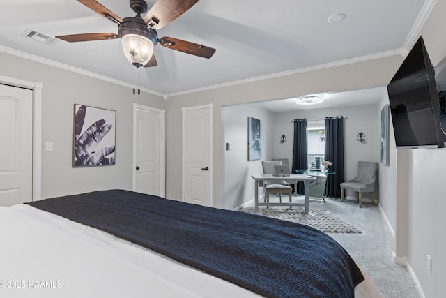 809 Dartez Dr, New Iberia, LA 70563 - bedroom with carpet flooring, crown molding, a desk, and a ceiling fan