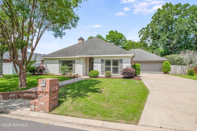 806 Beaujolais Pkwy, Lafayette, LA 70503 - single story home with brick siding, a shingled roof, a chimney, and a detached garage