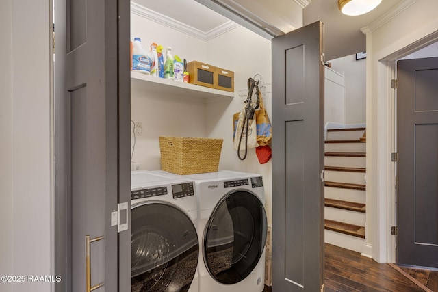 234 Ridgewood St, Lafayette, LA 70506 - laundry room featuring washing machine and dryer, ornamental molding, and dark wood-style floors