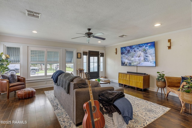 234 Ridgewood St, Lafayette, LA 70506 - living room featuring ornamental molding, a textured ceiling, healthy amount of natural light, a ceiling fan, and dark wood-style floors
