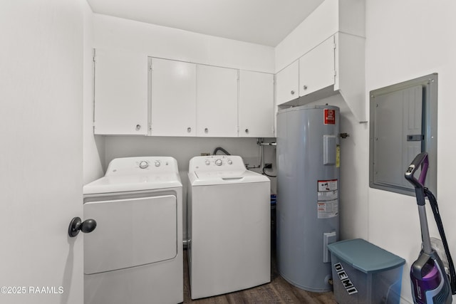 1329-B Grand Anse Hwy, Breaux Bridge, LA 70517 - laundry area with electric water heater, separate washer and dryer, cabinet space, electric panel, and dark wood-style floors