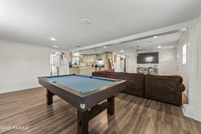 1329-B Grand Anse Hwy, Breaux Bridge, LA 70517 - recreation room with ornamental molding, billiards, wood finished floors, decorative columns, and healthy amount of natural light