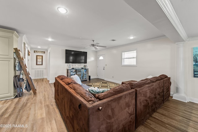 1329-B Grand Anse Hwy, Breaux Bridge, LA 70517 - living area with light wood-style flooring, crown molding, ceiling fan, recessed lighting, and ornate columns