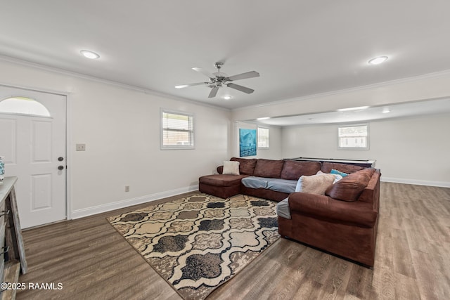 1329-B Grand Anse Hwy, Breaux Bridge, LA 70517 - living room featuring wood finished floors, ceiling fan, crown molding, and recessed lighting