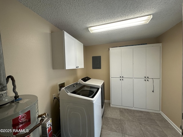 7226 Meadowview Ave, Baton Rouge, LA 70810 - laundry room with cabinet space, electric panel, independent washer and dryer, a textured ceiling, and water heater