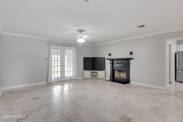 921 Bellevue Plantation Rd, Lafayette, LA 70503 - unfurnished living room with ceiling fan, ornamental molding, a fireplace, and light stone finish floors