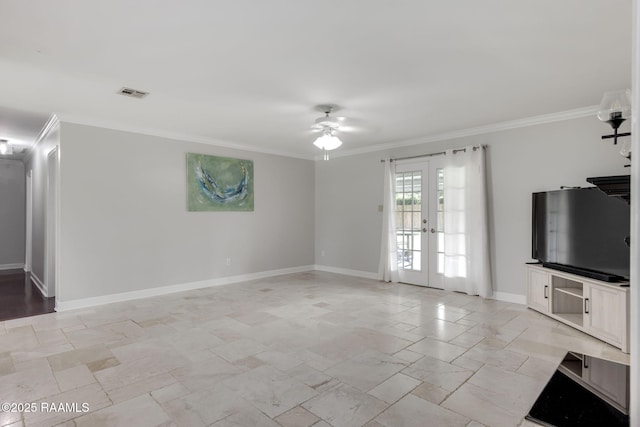 921 Bellevue Plantation Rd, Lafayette, LA 70503 - unfurnished living room featuring french doors, crown molding, ceiling fan, and light stone finish flooring
