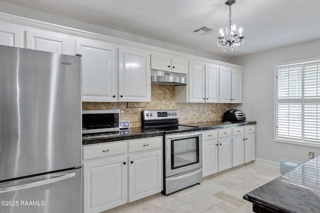 921 Bellevue Plantation Rd, Lafayette, LA 70503 - kitchen featuring appliances with stainless steel finishes, under cabinet range hood, a chandelier, decorative backsplash, and white cabinets