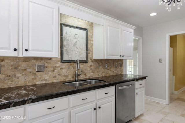 921 Bellevue Plantation Rd, Lafayette, LA 70503 - kitchen featuring dishwasher, tasteful backsplash, white cabinets, and dark stone counters