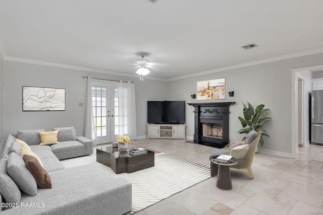 921 Bellevue Plantation Rd, Lafayette, LA 70503 - living area with crown molding, a fireplace with flush hearth, and ceiling fan