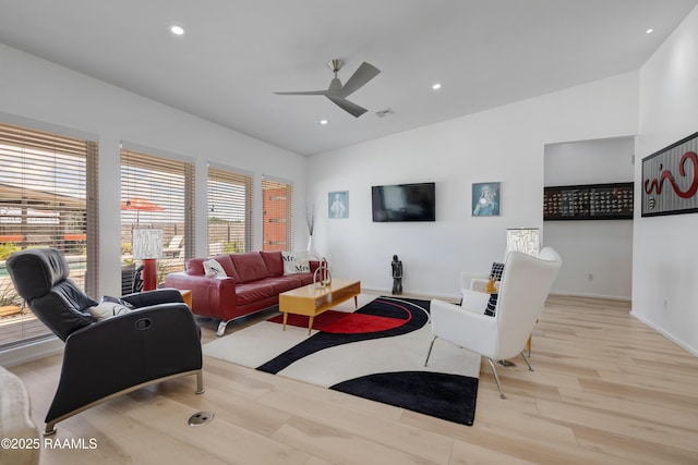 3703 Daspit Rd, New Iberia, LA 70563 - living room featuring light wood finished floors, plenty of natural light, ceiling fan, and recessed lighting