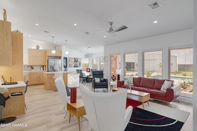 3703 Daspit Rd, New Iberia, LA 70563 - living area featuring ceiling fan, lofted ceiling, light wood-type flooring, and recessed lighting
