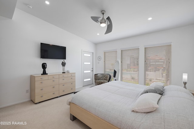 3703 Daspit Rd, New Iberia, LA 70563 - bedroom featuring light carpet, recessed lighting, and a ceiling fan