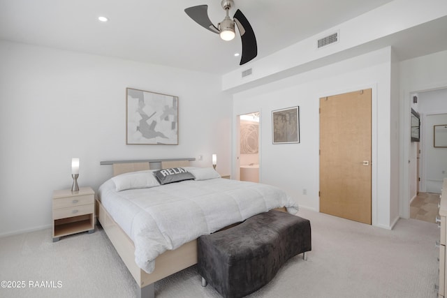 3703 Daspit Rd, New Iberia, LA 70563 - bedroom featuring light carpet, connected bathroom, recessed lighting, and a ceiling fan