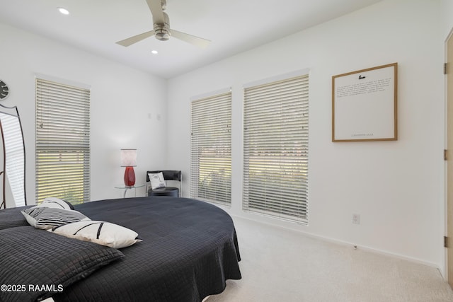 3703 Daspit Rd, New Iberia, LA 70563 - bedroom with light colored carpet, a ceiling fan, and recessed lighting