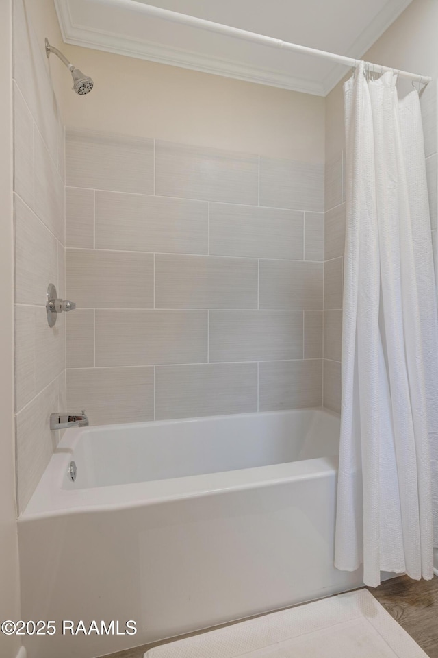109 Guadalajara St, New Iberia, LA 70563 - full bathroom featuring shower / bath combo, ornamental molding, and wood finished floors