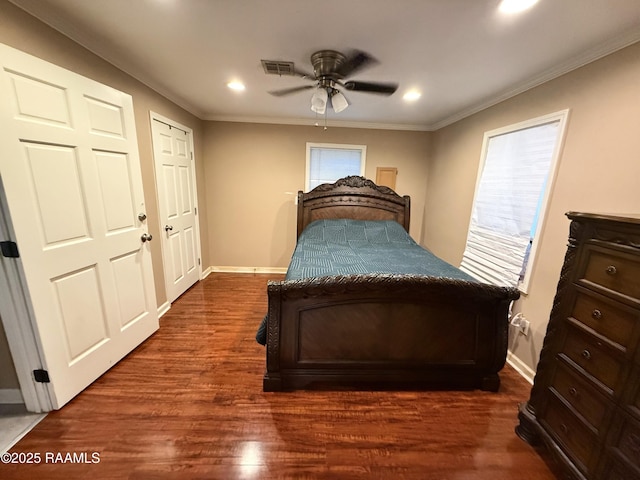 122 Buckner Rd, Eunice, LA 70535 - bedroom featuring dark wood-type flooring, recessed lighting, ornamental molding, and a ceiling fan