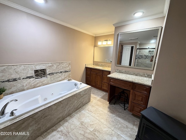 122 Buckner Rd, Eunice, LA 70535 - full bath featuring a stall shower, a jetted tub, crown molding, and vanity