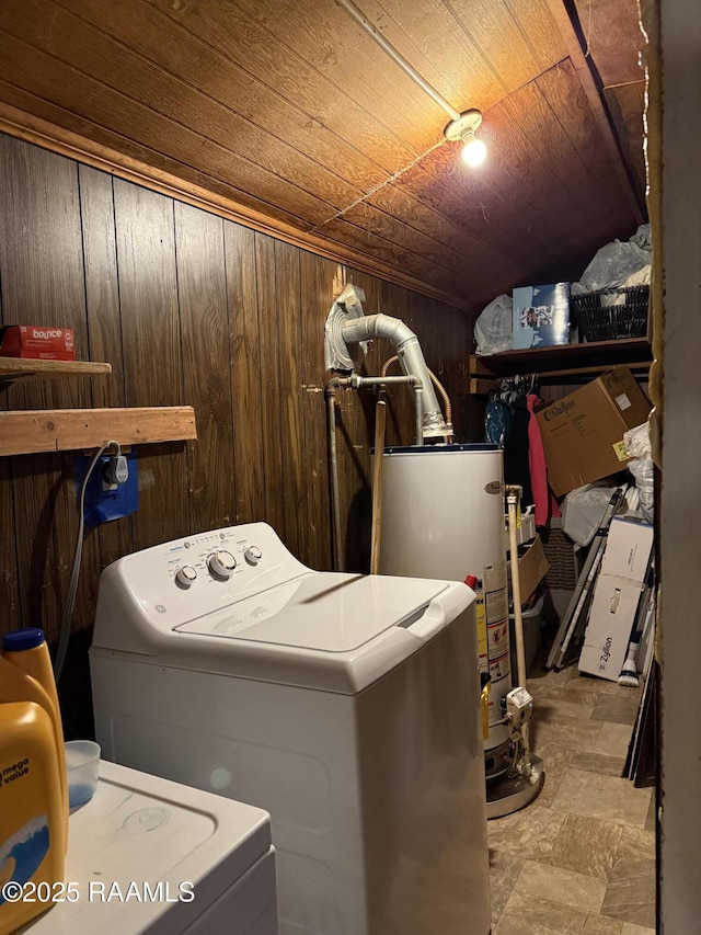 122 Buckner Rd, Eunice, LA 70535 - laundry room featuring wooden ceiling, gas water heater, and wood walls