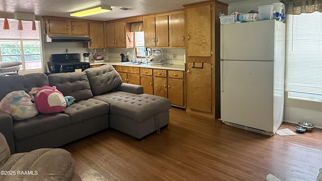 3492 Bayou Gerimond Rd, Port Barre, LA 70577 - kitchen featuring freestanding refrigerator, open floor plan, black stove, light countertops, and wood finished floors