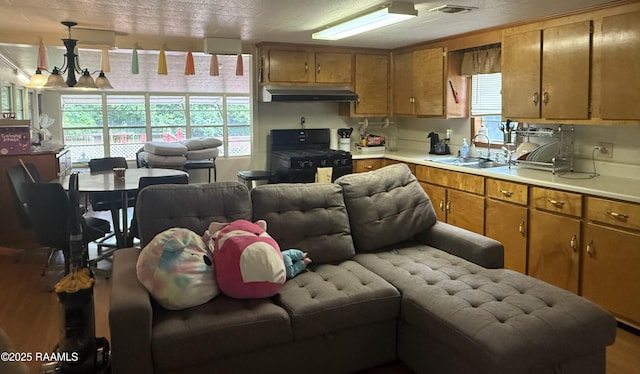3492 Bayou Gerimond Rd, Port Barre, LA 70577 - kitchen with under cabinet range hood, black gas range oven, open floor plan, light countertops, and wood finished floors