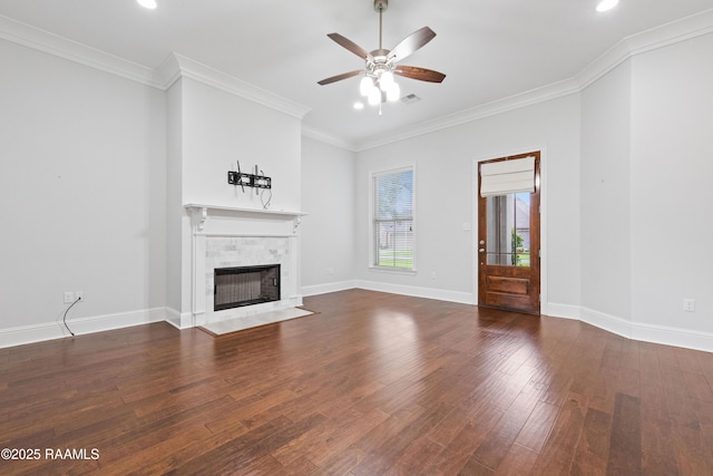 106 Whitewater Dr, Broussard, LA 70518 - unfurnished living room with a tiled fireplace, ceiling fan, wood finished floors, ornamental molding, and recessed lighting