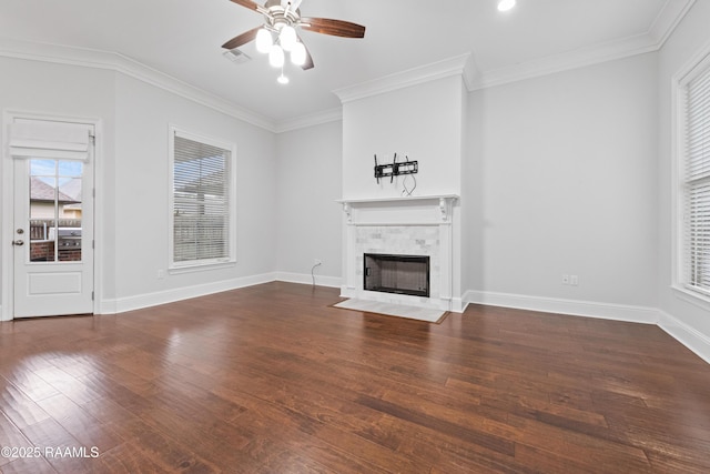 106 Whitewater Dr, Broussard, LA 70518 - unfurnished living room with a fireplace, a ceiling fan, wood finished floors, healthy amount of natural light, and crown molding