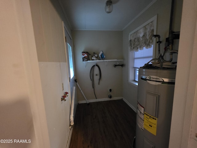 119 Romero St, Youngsville, LA 70592 - washroom with water heater, washer hookup, crown molding, and dark wood-style floors