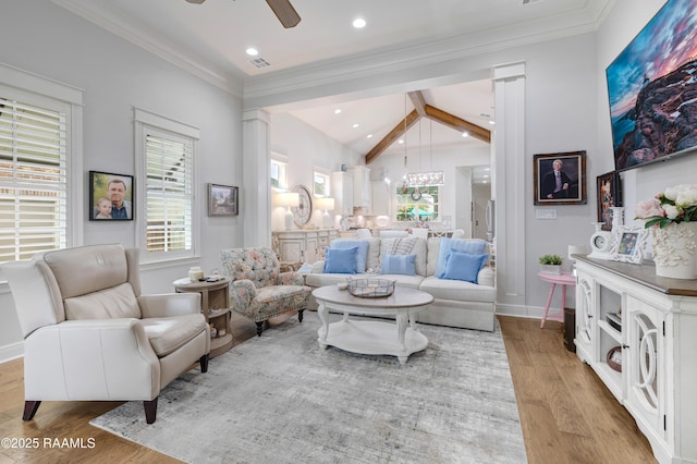 403 Catalina Ln, Youngsville, LA 70592 - living room featuring a ceiling fan, healthy amount of natural light, light wood-style flooring, crown molding, and recessed lighting