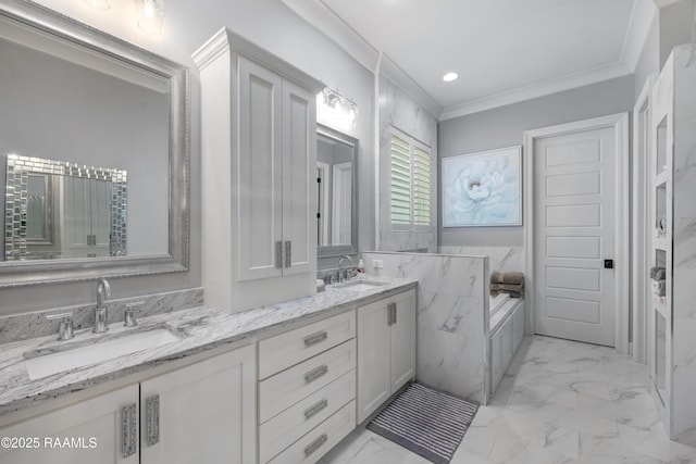 403 Catalina Ln, Youngsville, LA 70592 - full bath with double vanity, marble look tiles, a garden tub, crown molding, and recessed lighting