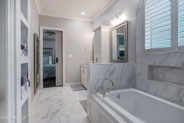 403 Catalina Ln, Youngsville, LA 70592 - bathroom with vanity, a bath, connected bathroom, crown molding, and a ceiling fan