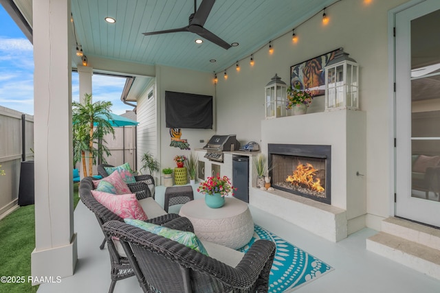 403 Catalina Ln, Youngsville, LA 70592 - view of patio featuring an outdoor living space with a fireplace, ceiling fan, and a grill