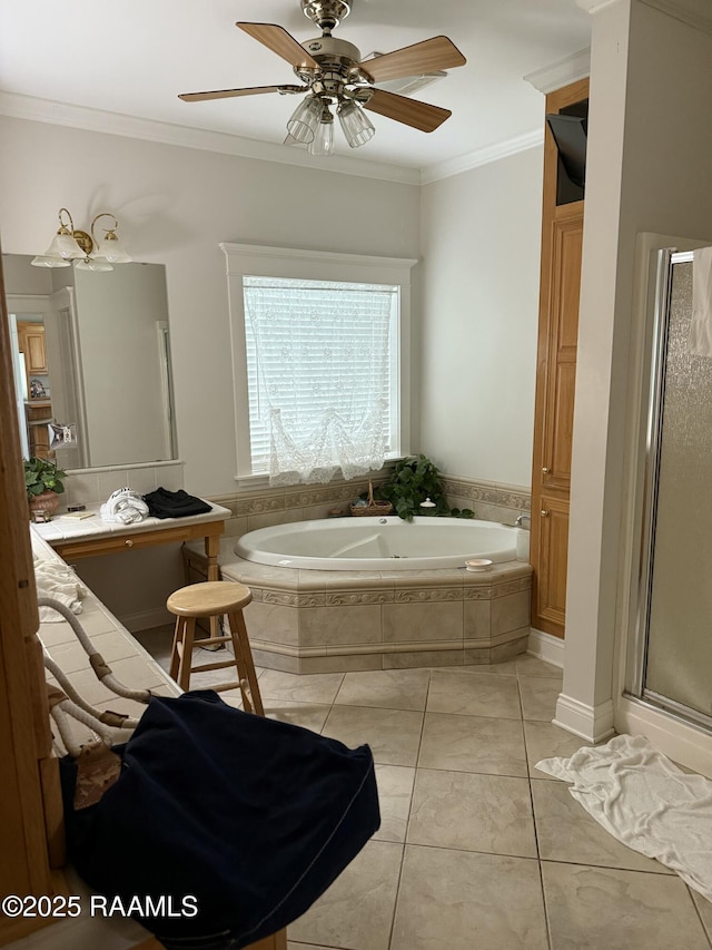 14439 Gladu Rd, Kaplan, LA 70548 - full bathroom with a bath, ornamental molding, a stall shower, and a ceiling fan