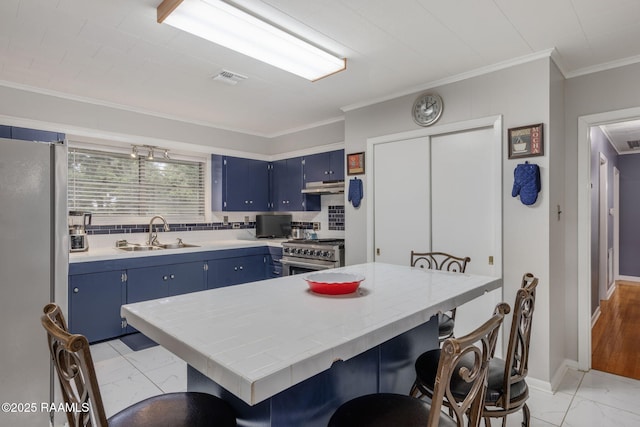 522 Caroline St, New Iberia, LA 70560 - kitchen with blue cabinets, stainless steel appliances, light marble finish flooring, under cabinet range hood, and light countertops