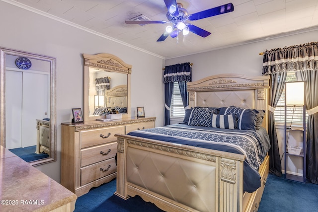 522 Caroline St, New Iberia, LA 70560 - bedroom featuring dark colored carpet, ornamental molding, and ceiling fan