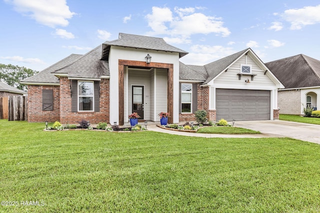 203 Whispering Meadows Rd, Broussard, LA 70518 - view of front of house featuring concrete driveway, roof with shingles, brick siding, a front yard, and an attached garage