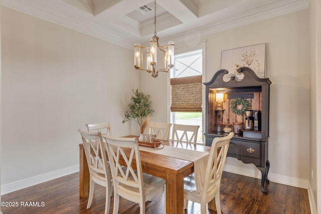 203 Whispering Meadows Rd, Broussard, LA 70518 - dining room featuring coffered ceiling, a chandelier, dark wood finished floors, ornamental molding, and beamed ceiling