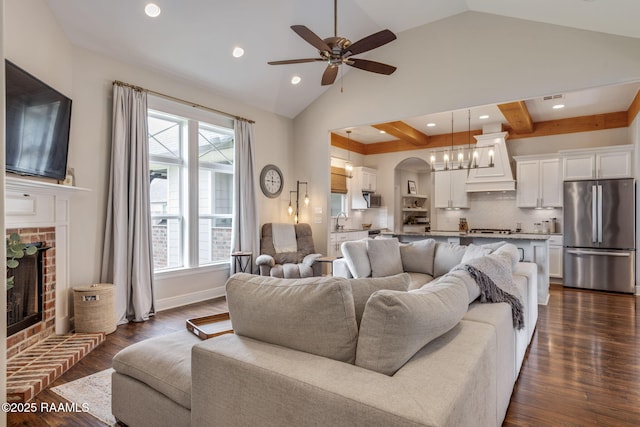 203 Whispering Meadows Rd, Broussard, LA 70518 - living area featuring a fireplace, a ceiling fan, dark wood-style floors, recessed lighting, and vaulted ceiling