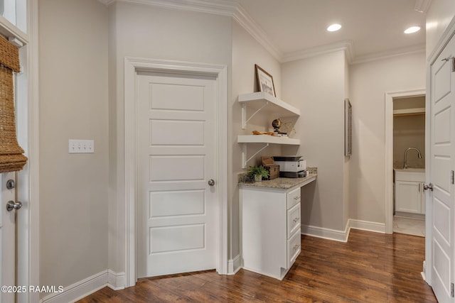 203 Whispering Meadows Rd, Broussard, LA 70518 - bar featuring ornamental molding, dark wood-style floors, and recessed lighting