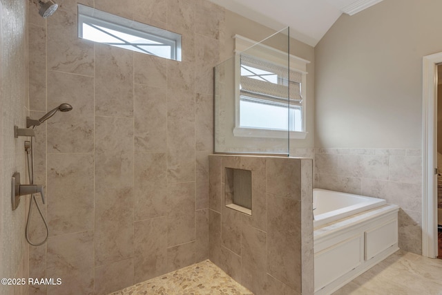 203 Whispering Meadows Rd, Broussard, LA 70518 - bathroom with healthy amount of natural light, a garden tub, a tile shower, and lofted ceiling