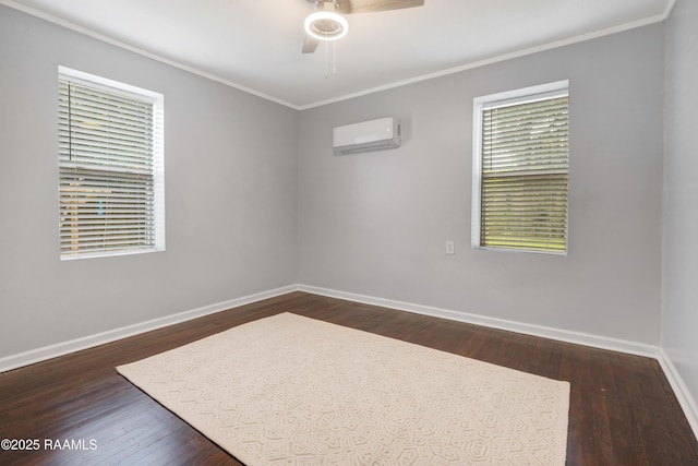 610 Ashton St, New Iberia, LA 70563 - unfurnished room with ornamental molding, a ceiling fan, dark wood-type flooring, and a wall mounted air conditioner