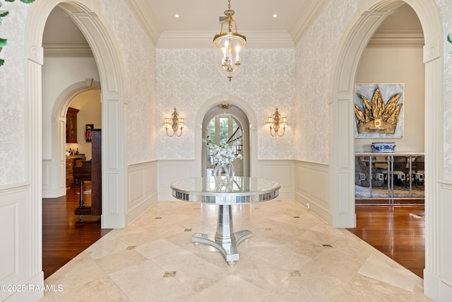 232 Princeton Woods Loop, Lafayette, LA 70508 - corridor featuring a wainscoted wall, a decorative wall, and crown molding
